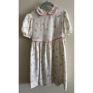 Vintage Girls Kids  1980s 90s Girls Roses Dress w/ Peter Pan Collar Ivory Pink 6